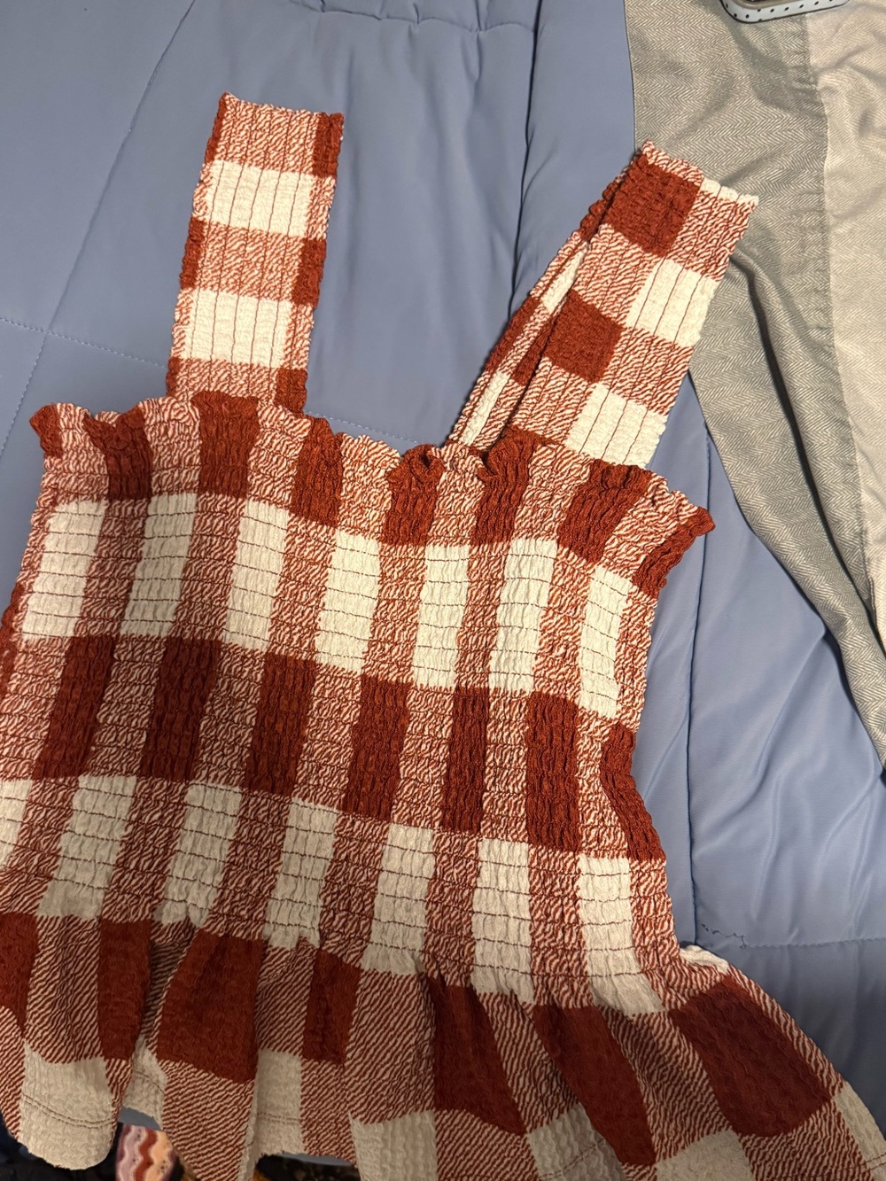 LOFT Rust and Cream Smocked Ruffle Tank